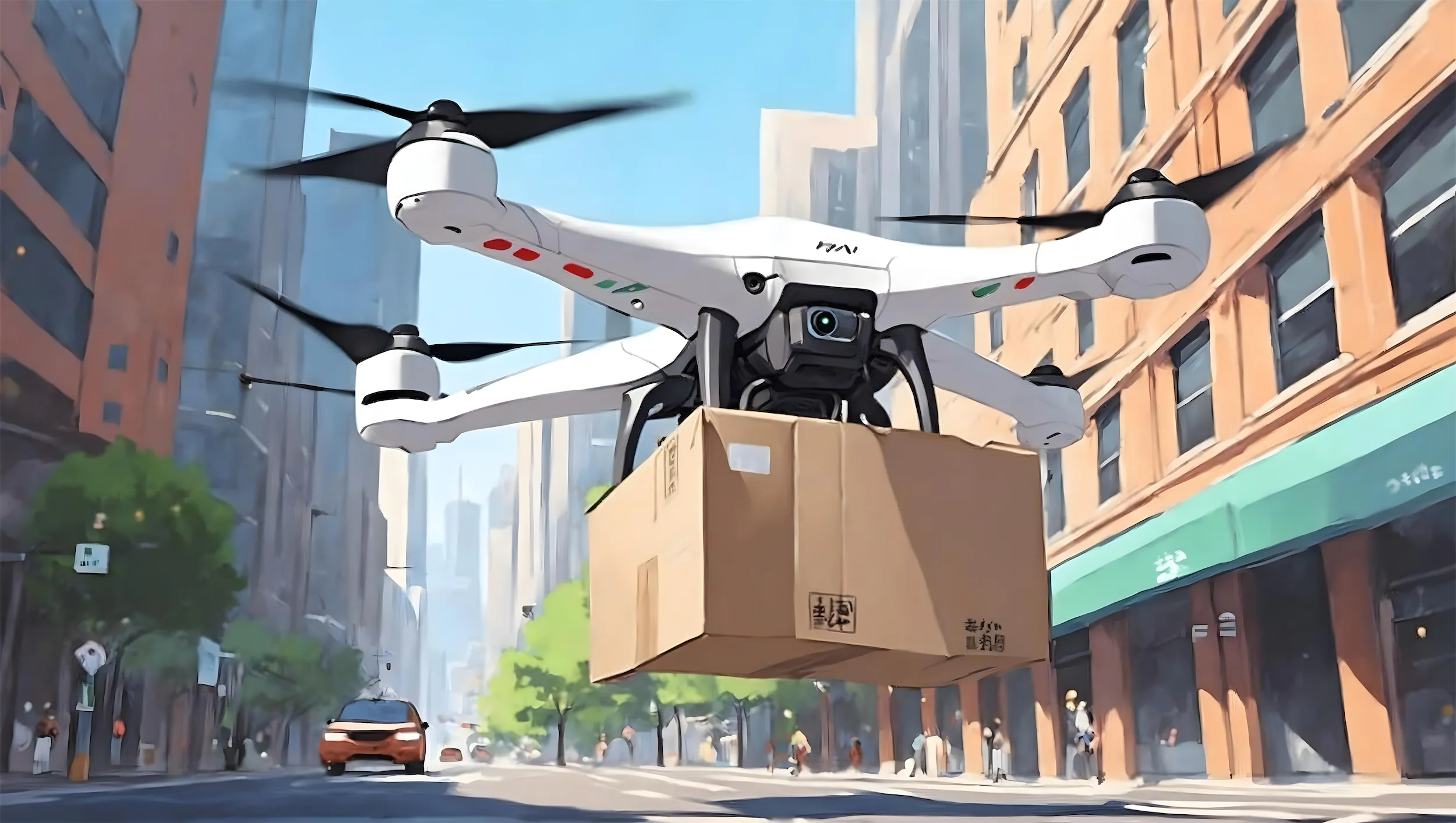 Aerial drone carrying brown box through busy city street