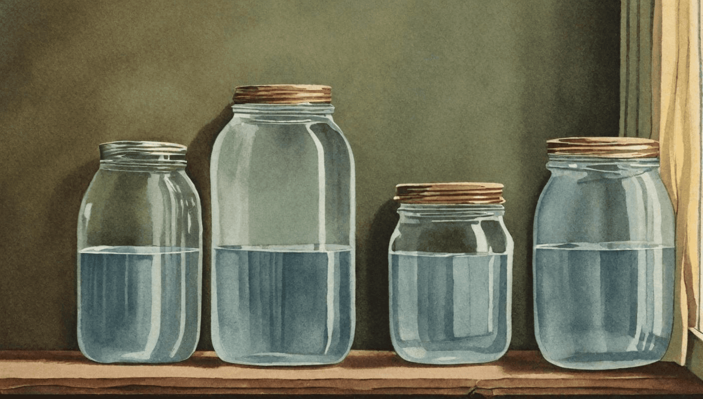 Four glass jars of different sizes, but containing the same amount of water