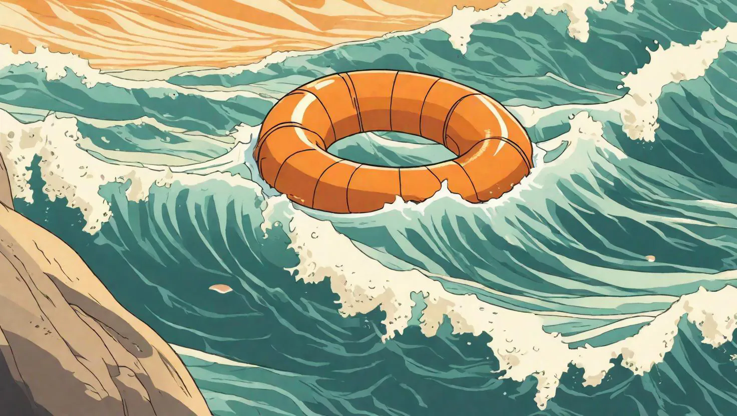 Orange rescue inner tube on rough waves
