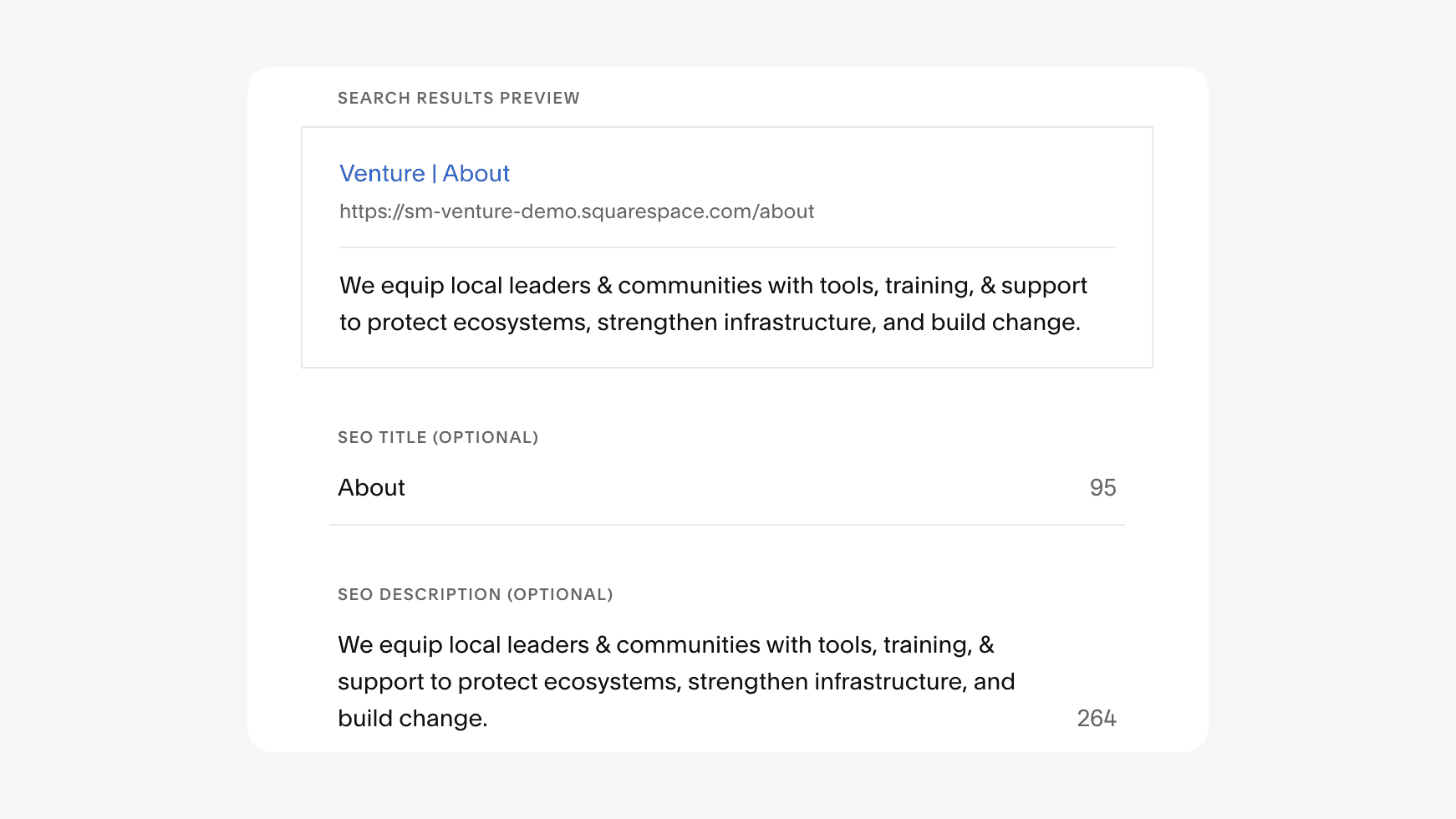 SEO Title & Description on a Squarespace page's setting