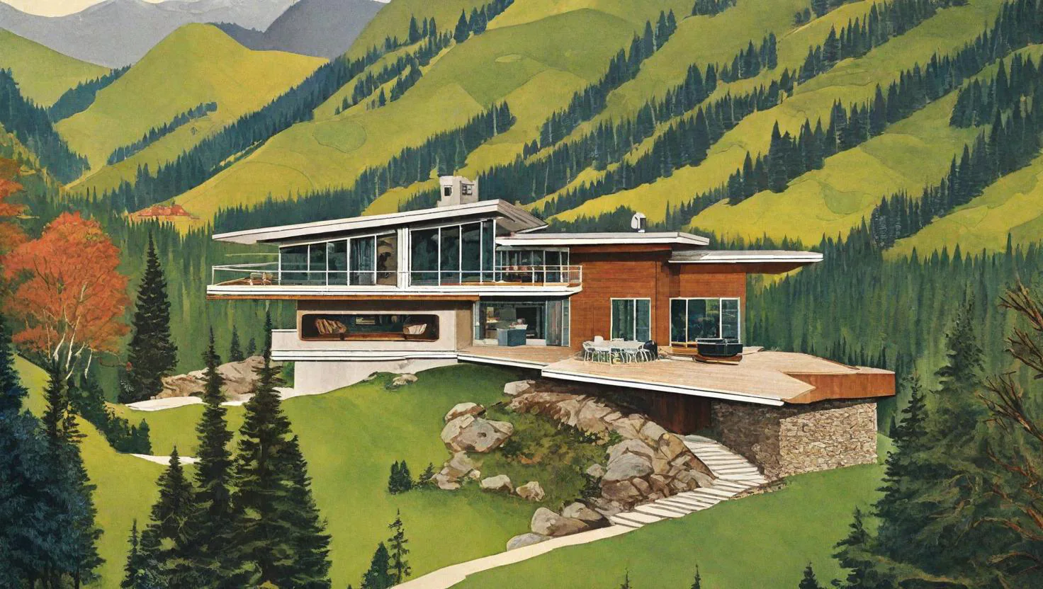 Landscape painting of a modern home in a mountain valley