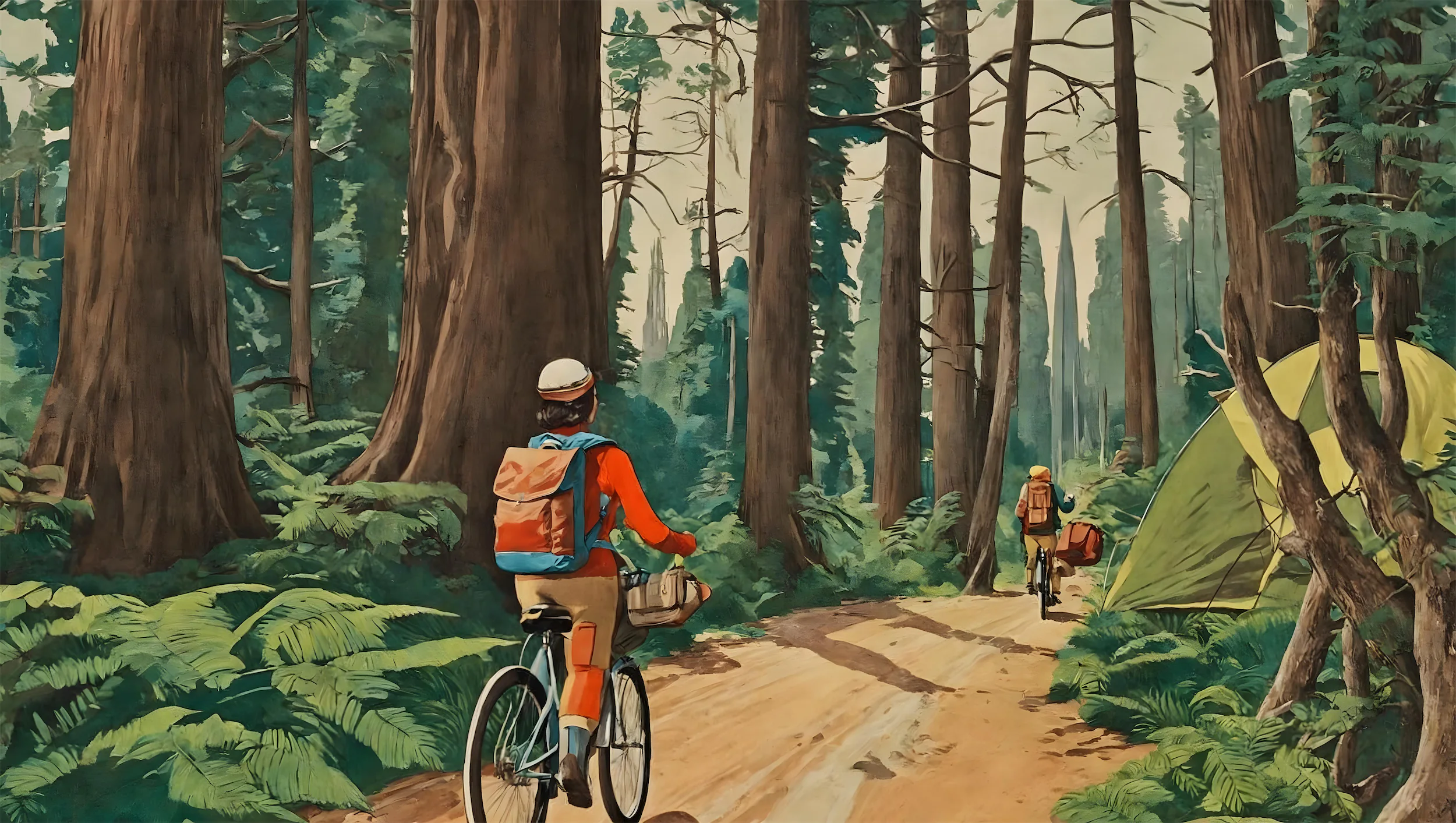 Woman biking through path underneath tall trees